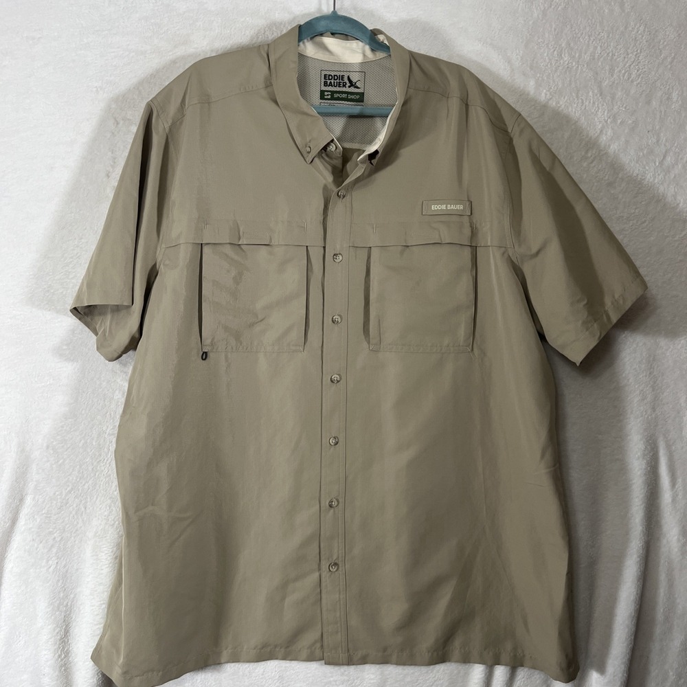 Eddie Bauer Mens 3XL Woven Shirt Vented Short Sleeve Hiking Fishing Gray Tan